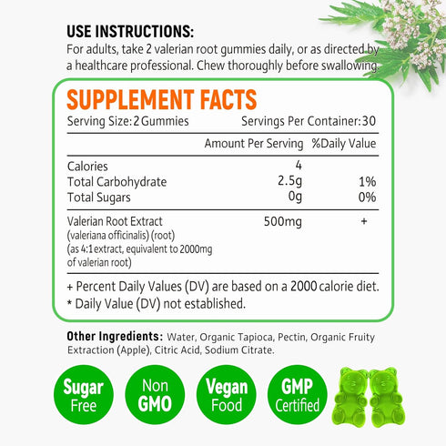 Organic Valerian Root Gummies (2000mg/Serving), Herbal Supplement for Relaxation & Mood Support, Sleep Gummies Without Melatonin for Adults, Vegan, Apple Flavor, 60 Count