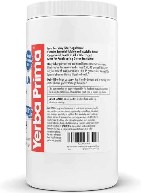 Yerba Prima Daily Fiber Formula, 20 oz Powder, Unflavored Dietary Bulking Supplement