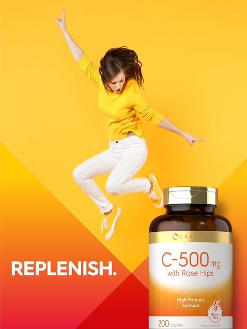Carlyle Vitamin C with Rose Hips 500mg - 200 Caplets, High Potency, Vegetarian & Gluten Free.