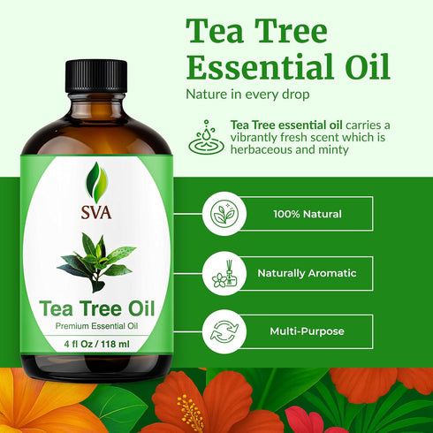 SVA Tea Tree Essential Oil 4 Fl Oz, 100% Natural for Diffuser, Hair Care, Skin Care, Aromatherapy