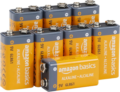 Amazon Basics 8-Pack 9V Alkaline Batteries, 5-Year Shelf Life for Smoke/CO Detector, Electronics