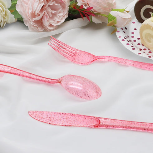 Plastic Utensils Set - 150 Pack Pink Silverware - 50 Forks, 50 Knives, 50 Spoons for Birthday, Wedding, Baby Shower