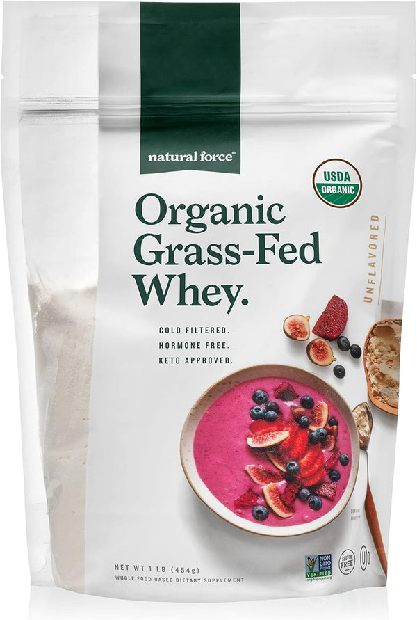 Natural Force Grass Fed Organic Whey Protein Powder - Non GMO, Keto Friendly, Low Carb, Kosher, Pure & Unflavored, 16
