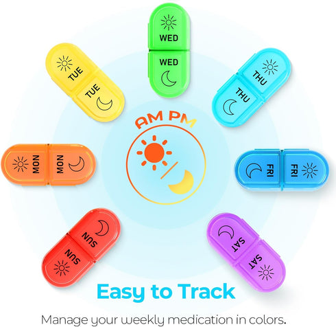 Weekly Pill Organizer 2 Times a Day - AM PM with 7 Daily Color-Coded Cases for Vitamins, Medicine, & Supplements