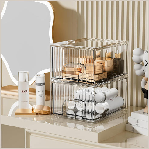 ZHIAI Makeup Organizer, Stackable Clear Cosmetic Storage Box for Vanity, Skincare, Kitchen Cabinets, 2 Pack