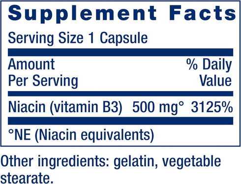 Life Extension Vitamin B3 Niacin 500 mg for Heart Health, Cellular Energy – Gluten-Free, Non-GMO, 100 Capsules
