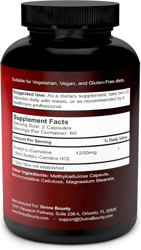 Divine Bounty Acetyl L-Carnitine Capsules, 1200mg Per Serving, 120 Vegetarian Capsules
