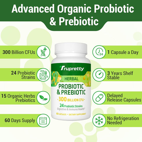 Probiotics for Women and Men - 300 Billion CFU, 24 Strains with 15 Organic Herbs, Vegan, 2 Month Supply for Digestive