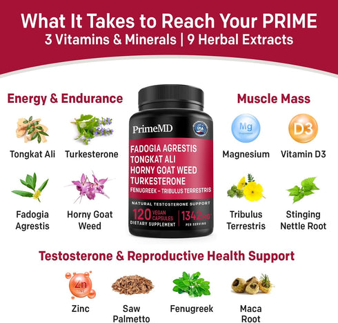 PrimeMD 12-in-1 Fadogia Agrestis and Tongkat Ali for Men, Testosterone Supplement for Men with Horny Goat Weed, Men's