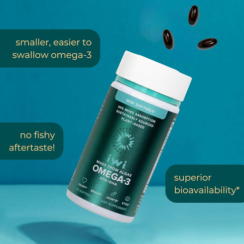 Iwi Life Omega-3, 60 Mini Softgels (30 Servings), Plant-Based Algae Omega 3 with EPA + DHA, Easy to Swallow Dietary