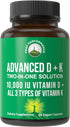 Peak Performance Advanced Vitamin D 10000 IU with All 3 Types of Vitamin K Capsules, 60 Easy to Swallow Pills