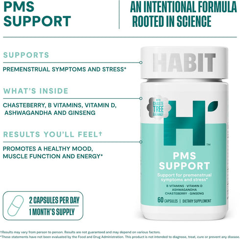 HABIT PMS Support Supplement for Women - 60 Capsules for Hormone Balance & Mood Support, Non-GMO.