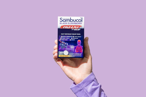Sambucol Cold and Flu Relief Tablets - Homeopathic Cold Medicine for Adults, Black Elderberry, Zinc Cold Remedy