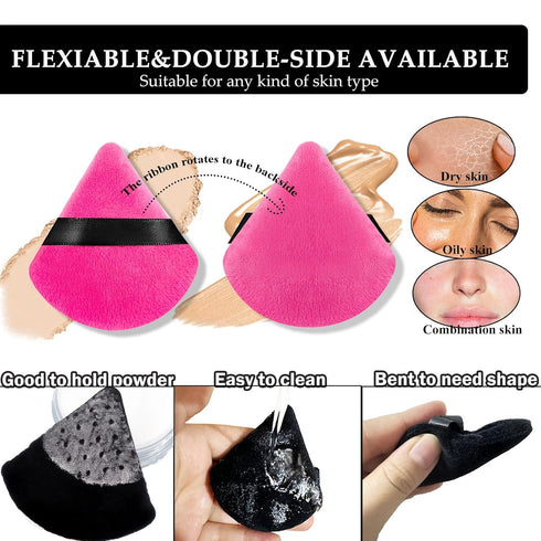 Powder Puffs for Face Powder, 15 PCS Triangle Velvety Soft Reusable Makeup Puff for Powder and Liquids, Black & Rose Red