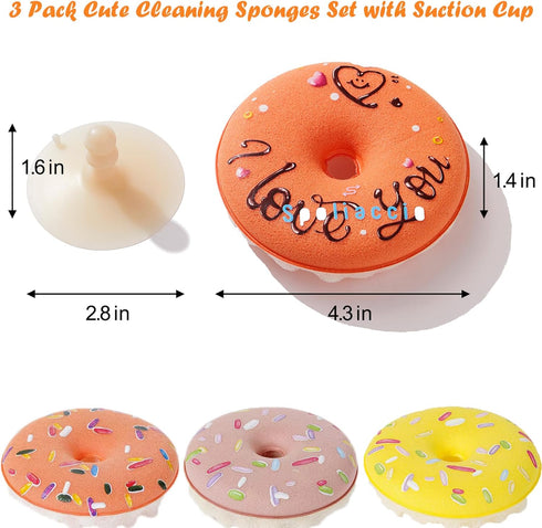 3 Pack Cute Cleaning Sponges Set with Suction Cup, Round Soft Sponge for Showering and Dishwashing.