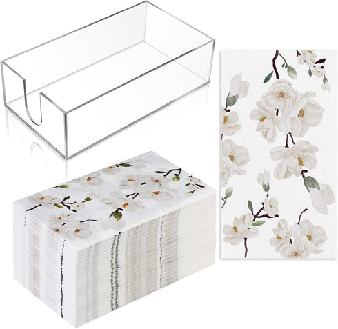 Outus 100 Pcs Floral White Magnolia Paper Guest Towels 2 Ply with Acrylic