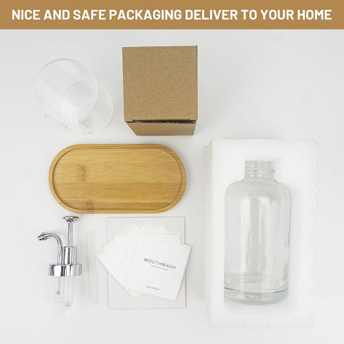 Ezebesta 17OZ Mouthwash Clear Glass Pump Dispenser with Disposable Cups Holder, Refillable Container