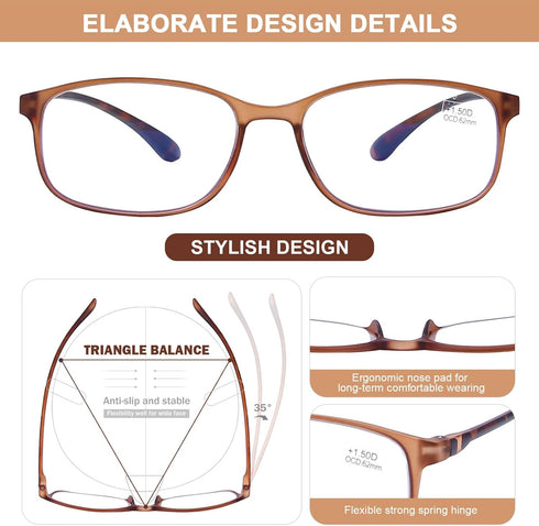 AQWANO 4-Pack Reading Glasses for Men and Women 2.0, Blue Light Blocking, Lightweight TR90 Flexible Frame Readers