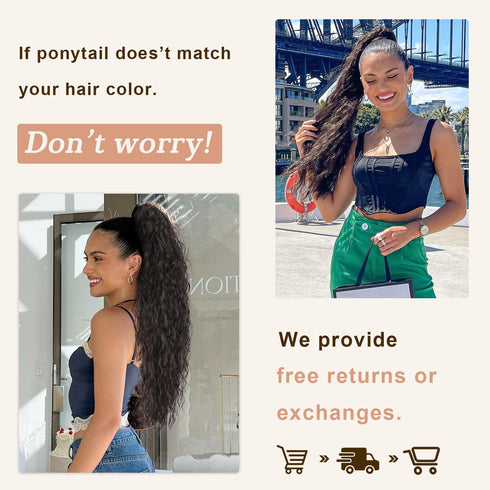 ORSUNCER Long Wavy Ponytail Extension, Black Brown 30" Curly Clip in Hair Extensions for Women