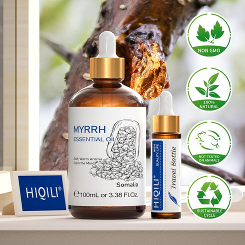 HIQILI Myrrh Essential Oil for Skin, Massage, Pain Relief, 100% Pure & Natural - 3.38 Fl Oz