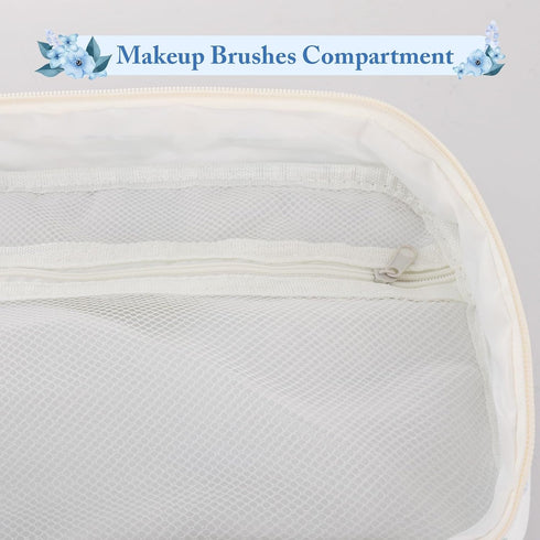 Quilted Cotton Makeup Bag - Blue Cute Floral Travel Cosmetic Bags, Large Aesthetic Skincare Pouch for Women