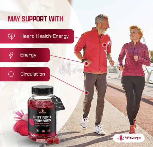 Beet Root Gummies - Super Nitric Oxide Beets Supplement - Red Beetroot Heart Chews, 60 Chewables
