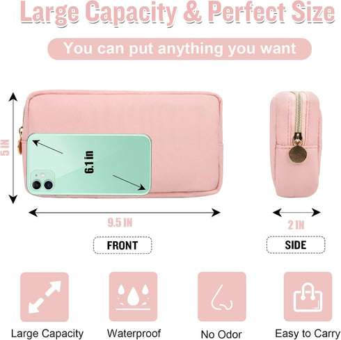Nylon Small Makeup Bag for Purse, Cute Preppy Pink Cosmetic Zipper Pouch, Waterproof
