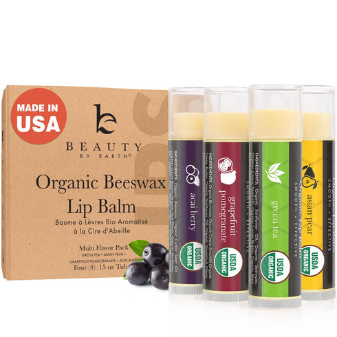USDA Organic Lip Balm, USA Made with Natural Ingredients, 4 Pack Multi Flavor Moisturizer for Dry Lips