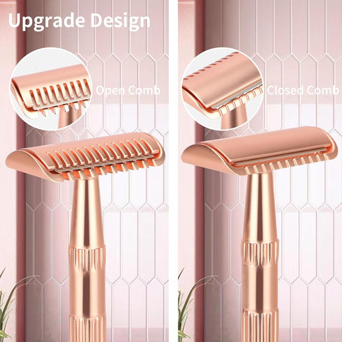 Rose Gold Safety Razor for Women and Men, Single Blade Metal Razors with 10 Double Edge Blades, Open Comb Razor