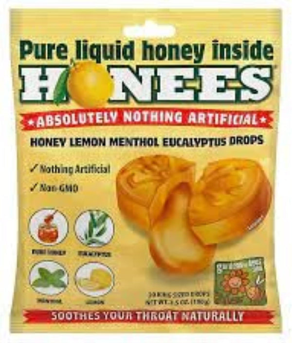 Honees Filled Honey Lemon Cough Drops, Natural Sore Throat Lozenges, Non-GMO, Gluten Free (2 Pack – 40 Drops)