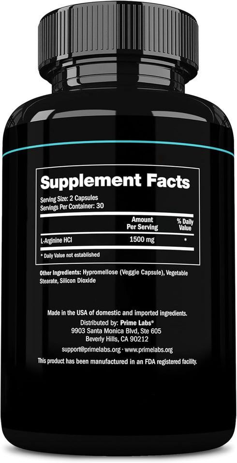 Prime Labs L Arginine Nitric Oxide - 1500mg L-Arginine - Supports Blood Flow, Energy, Strength, Endurance - 60 Capsules