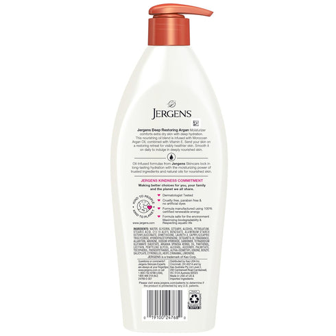 Jergens Deep Restoring Argan Oil Moisturizer, Soothing Body and Hand Lotion, 16.8 oz