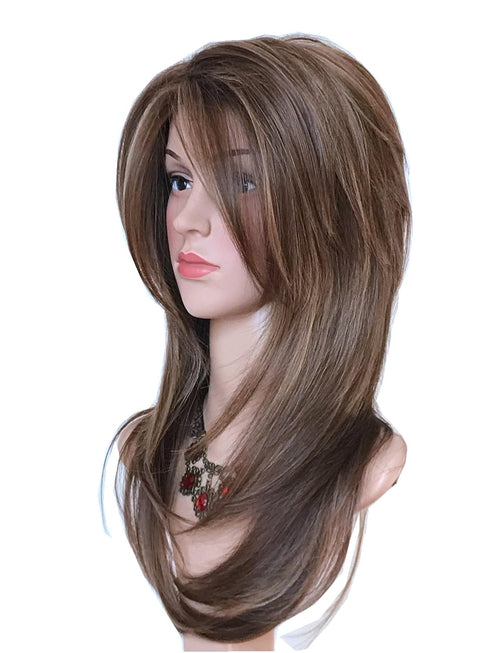 Long Layered Balayage Wig in Light Brown with Blonde Highlights, Synthetic Hair for White Women