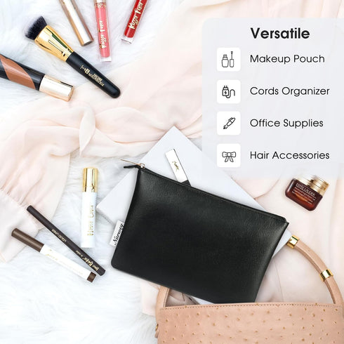 Narwey Small Makeup Bag - Vegan Leather Travel Pouch, Zipper Cosmetic Bag for Women (Black)
