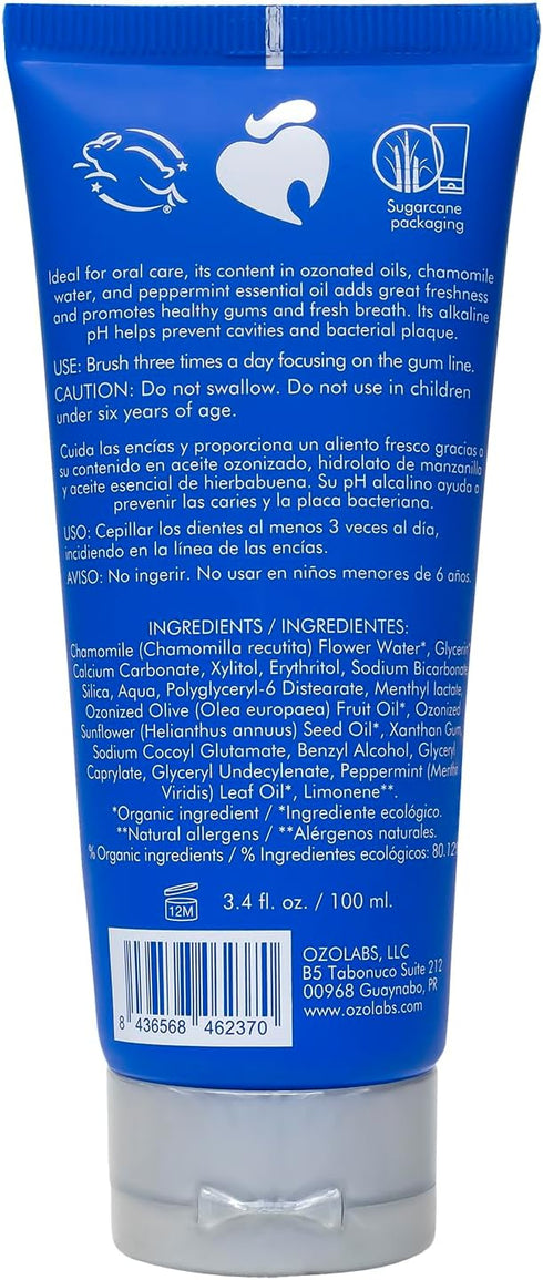 OZOLABS Ozonated 3.4 oz Olive Oil Toothpaste Fluoride-Free, Gentle Whitening with Baking Soda & Xylitol, Organic