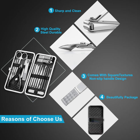 Nail Clippers Set, Fingernail and Toenail Clipper Cutters, 18 Pieces Stainless Steel Professional Grooming Kit