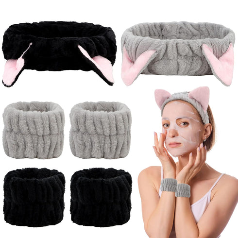 6 Pcs Spa Headband Face Wash and Wristband Set, Cute Cat Ears Plush Makeup Skincare Headbands