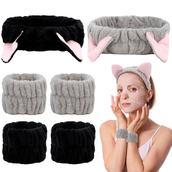 6 Pcs Spa Headband Face Wash and Wristband Set, Cute Cat Ears Plush Makeup Skincare Headbands