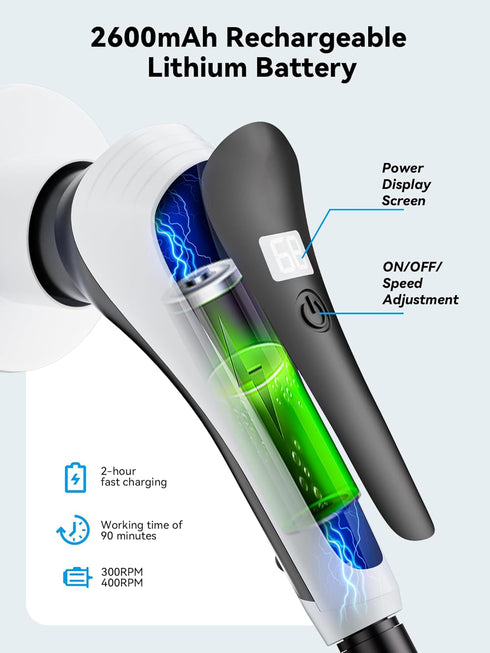 Electric Spin Scrubber, Cordless Cleaning Brush with Power Display, IP68 Waterproof, 8 Replaceable Brush Heads