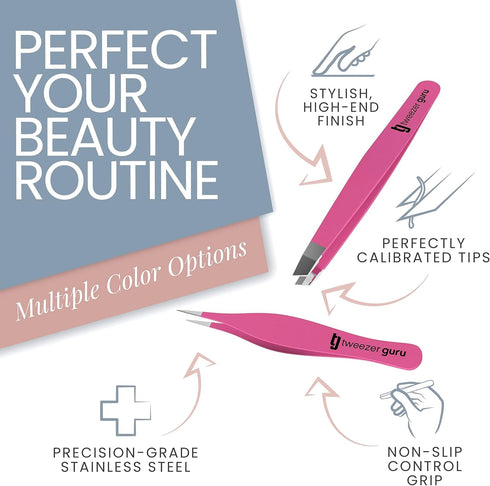 Tweezer Guru Ingrown Hair Tweezers - Pointed Precision Tweezers for Eyebrows, 2 Piece Set, Pink