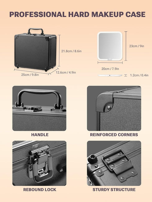 Qislee Makeup Box with Detachable Lighted Mirror, Waterproof Travel Case, Cosmetic Organizer with Adjustable Dividers