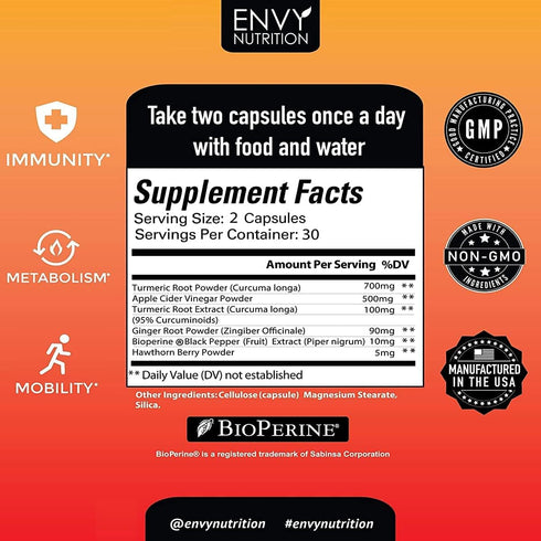 Turmeric & Ginger Supplement Capsules with Apple Cider Vinegar - 60 Caps for Enhanced Immunity & Metabolism Support