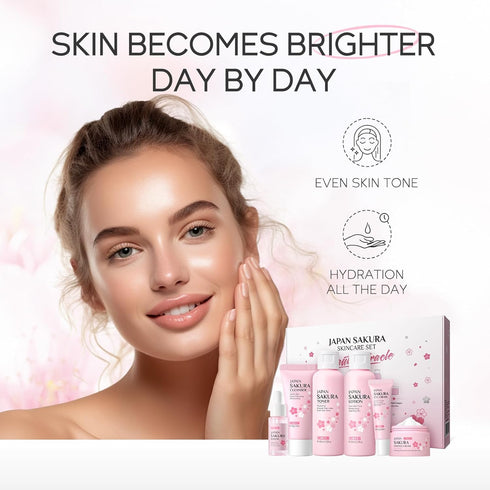 Skin Care Set JAPAN SAKURA - Women Beauty Gift Set with Cleanser, Toner, Lotion, Serum, Eye Cream, 6pcs
