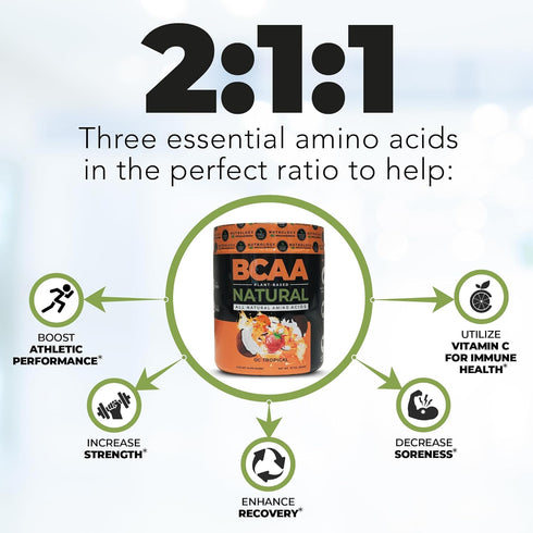 BCAA Natural Plant Based Powder, Orange Coconut Flavor, Vegan BCAA Powder, 30 Servings for Recovery