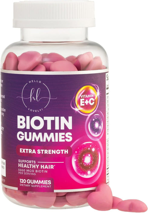 Hair Vitamins Gummy with Biotin 5000 mcg, Vitamin E & C for Hair Growth, 120 Gummies, Non-GMO