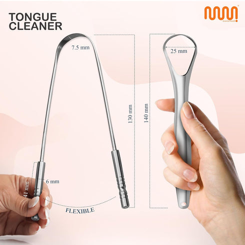 MasterMedi Tongue Scraper with Multicolor Cases (2 Pack), 100% Stainless Steel for Oral Care & Hygiene