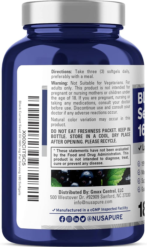 NusaPure Black Currant Seed Oil 1605 mg - Gamma Linoleic Acid (GLA) 15% 180 Softgels