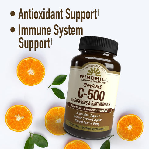 Windmill Natural Vitamins Vitamin C 500 mg, 50 Tablets, with Rose HIPS and Bioflavonoids, Immune Booster, Antioxidant