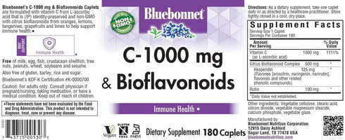 Bluebonnet Nutrition C-1000 mg Plus Bioflavonoids Caplets, Vitamin C 1000 mg, 180 Count for Immune Health