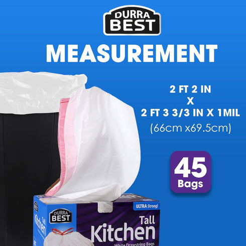 DURRA BEST. 13 Gallon Tall Kitchen Drawstring Trash Bags, 45 Count, Ultra Strong White Garbage Bags